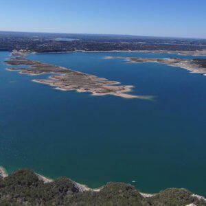 Scenic view of Lake Travis with party boat